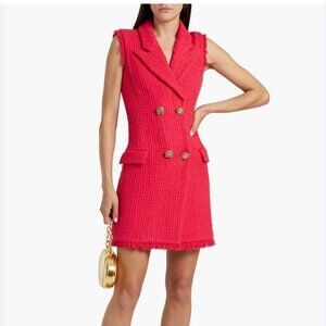 NWOT Oscar de la Renta Red Button-embellished Frayed Wool-blend Tweed Mini Dress